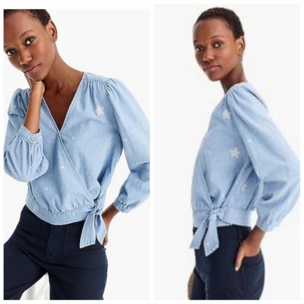 NWT J. Crew Denim Blue Chambray Wrap Blouse Indigo Star Print Women's XS NEW! - Picture 2 of 10